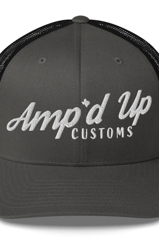 Amp'd Up Embroidered Trucker Cap in gray with a stylish black mesh back for a comfortable fit