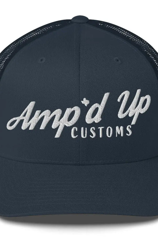 Amp'd Up Embroidered Trucker Cap in navy blue with stylish white logo design