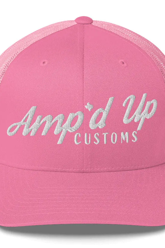 Amp'd Up Embroidered Trucker Cap in Pink with Stylish Mesh Back for Trendy Fashion