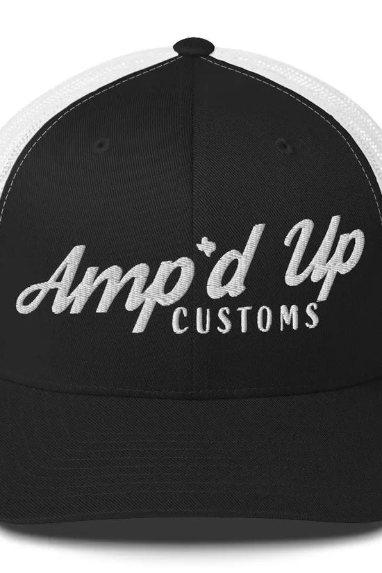 Amp'd Up Embroidered Trucker Cap in Black and White with Stylish Script Design
