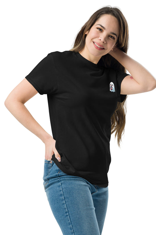 Woman wearing a black Ghost with Boba T-Shirt by Amp'd Up Custom paired with blue jeans