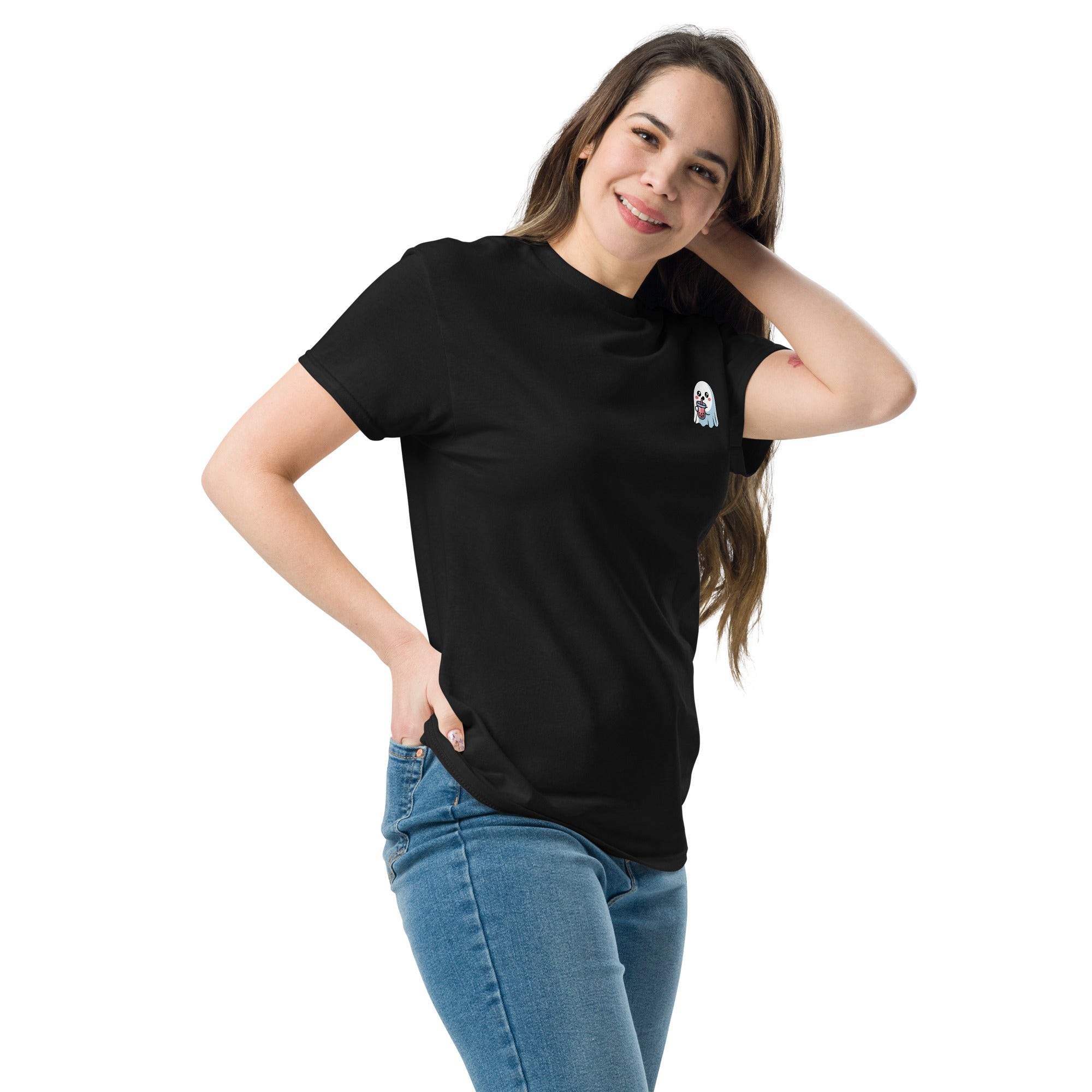 Woman wearing a black Ghost with Boba T-Shirt by Amp'd Up Custom paired with blue jeans
