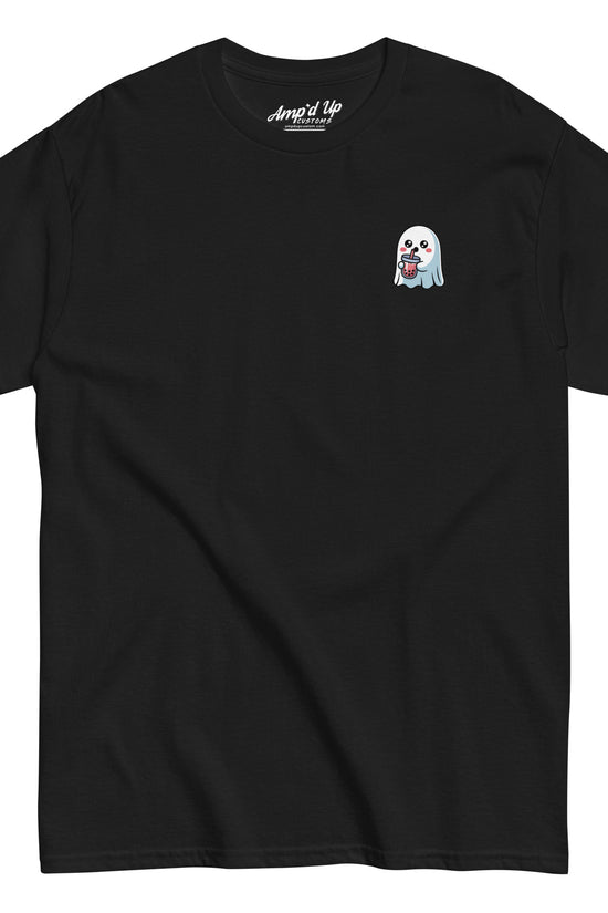 Black Amp'd Up Custom Ghost with Boba T-Shirt featuring small ghost drinking boba tea on chest