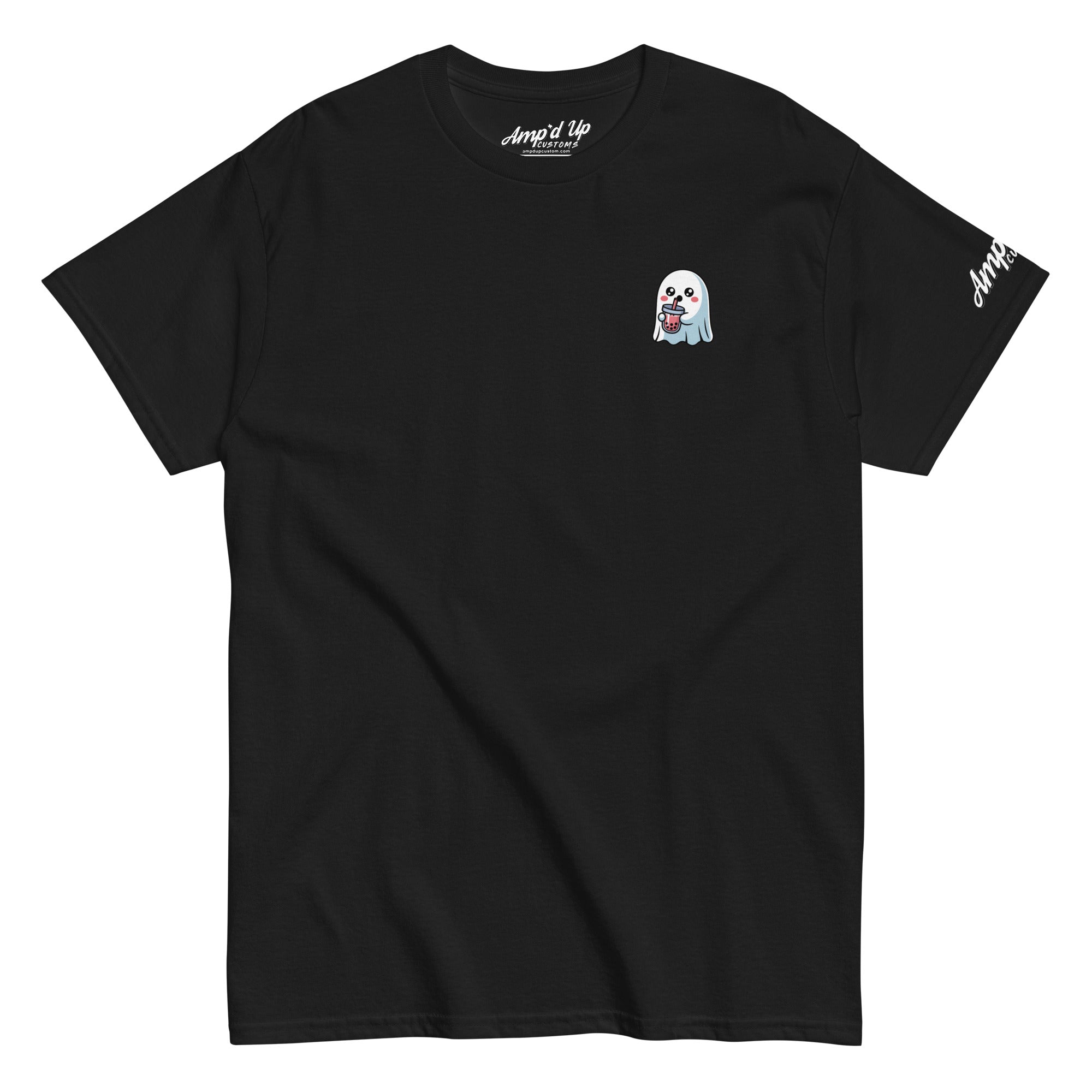 Black Amp'd Up Custom Ghost with Boba T-Shirt featuring small ghost drinking boba tea on chest