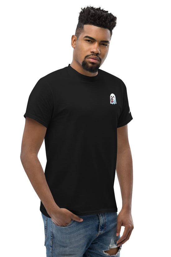 Black Ghost with Boba T-Shirt by Amp'd Up Custom worn by man with short hair and ripped jeans