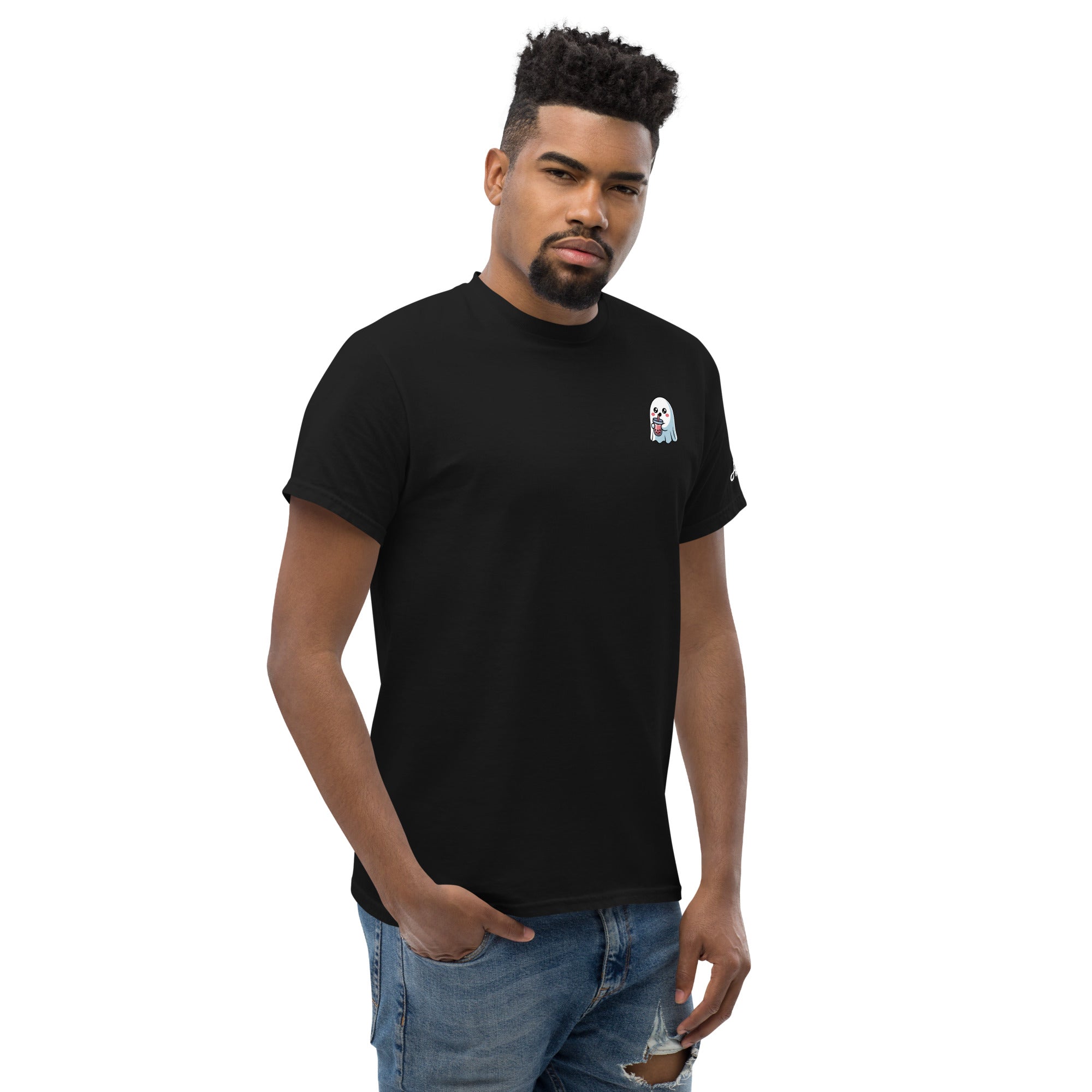 Black Ghost with Boba T-Shirt by Amp'd Up Custom worn by man with short hair and ripped jeans