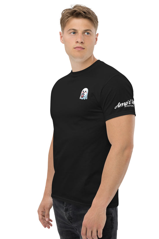 Black Ghost with Boba T-Shirt by Amp'd Up Custom featuring small ghost graphic on chest and logo on sleeve