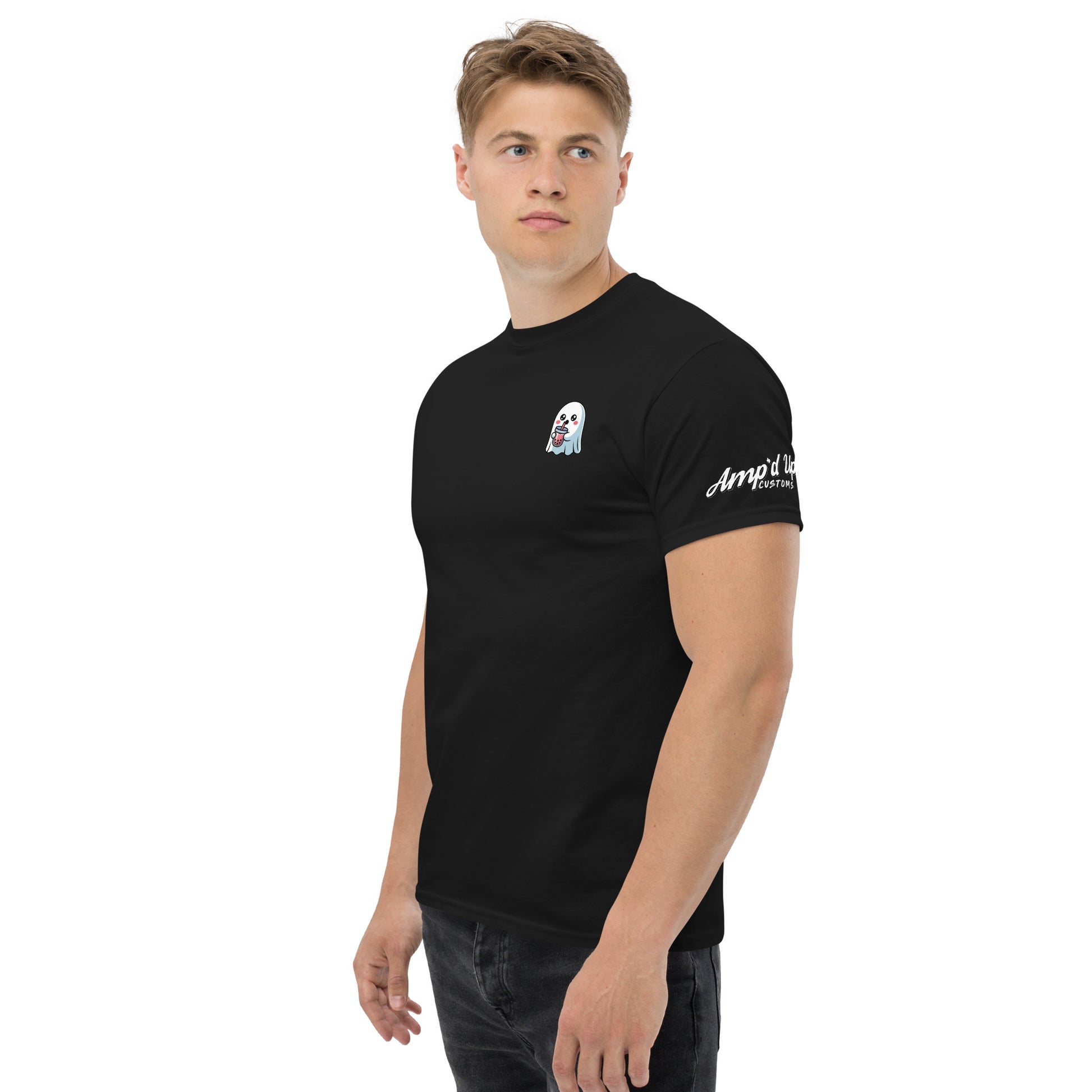 Black Ghost with Boba T-Shirt by Amp'd Up Custom featuring small ghost graphic on chest and logo on sleeve