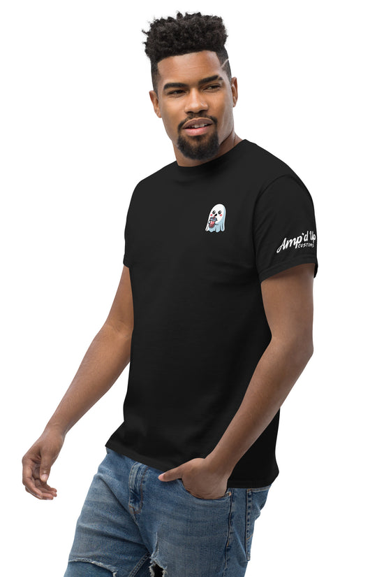 Black Ghost with Boba T-Shirt by Amp'd Up Custom worn by man with short hair and jeans