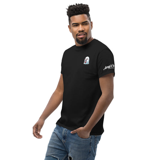 Black Ghost with Boba T-Shirt by Amp'd Up Custom worn by man with short hair and jeans