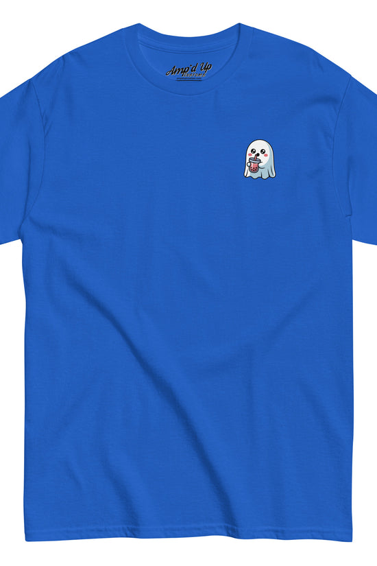Blue Amp'd Up Custom Ghost with Boba T-Shirt featuring a small ghost holding boba tea on the chest