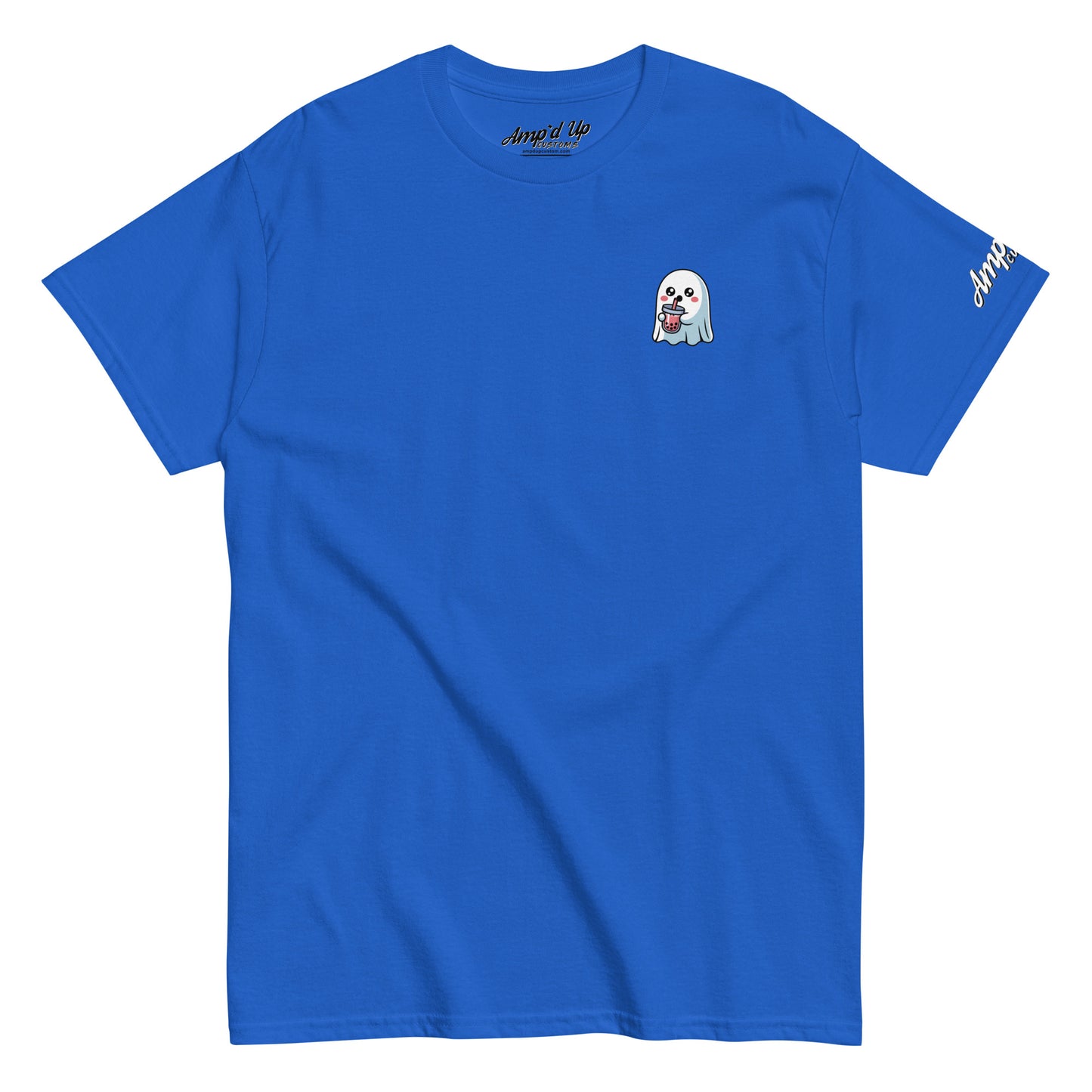 Blue Amp'd Up Custom Ghost with Boba T-Shirt featuring a small ghost holding boba tea on the chest