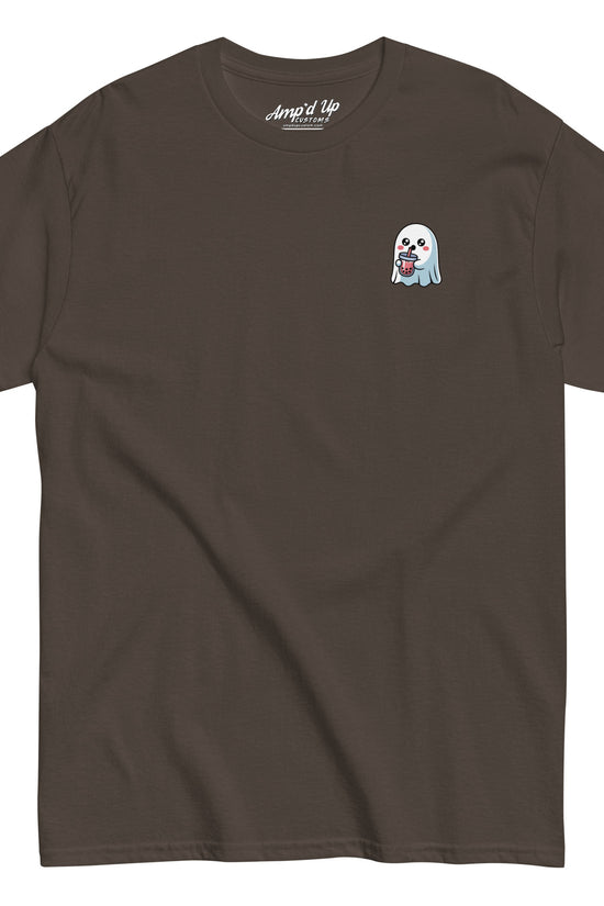 Amp'd Up Custom brown Ghost with Boba T-Shirt featuring a small ghost holding boba on the chest