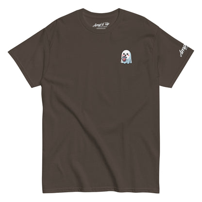 Amp'd Up Custom brown Ghost with Boba T-Shirt featuring a small ghost holding boba on the chest