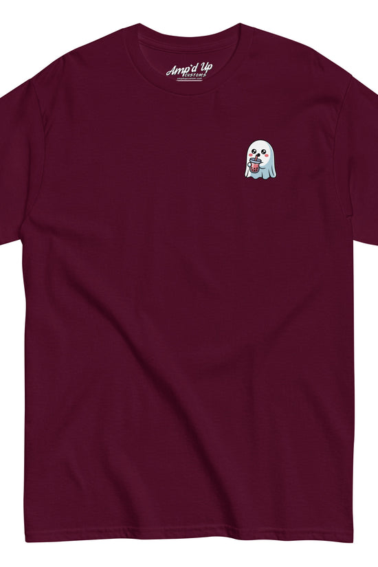 Amp'd Up Custom maroon Ghost with Boba T-Shirt featuring a small ghost holding a boba drink on the chest