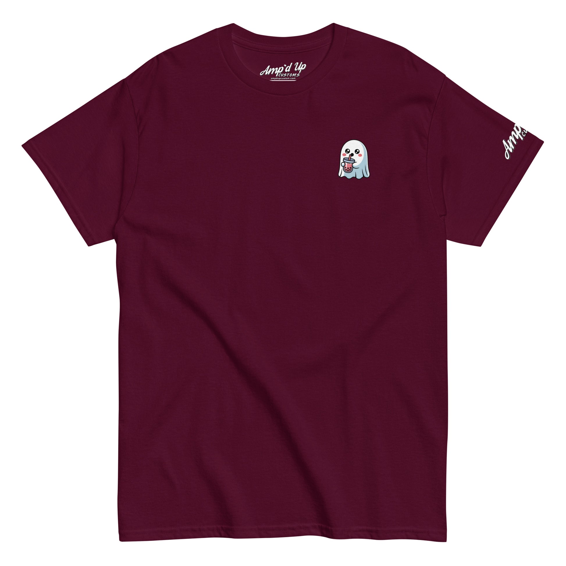 Amp'd Up Custom maroon Ghost with Boba T-Shirt featuring a small ghost holding a boba drink on the chest