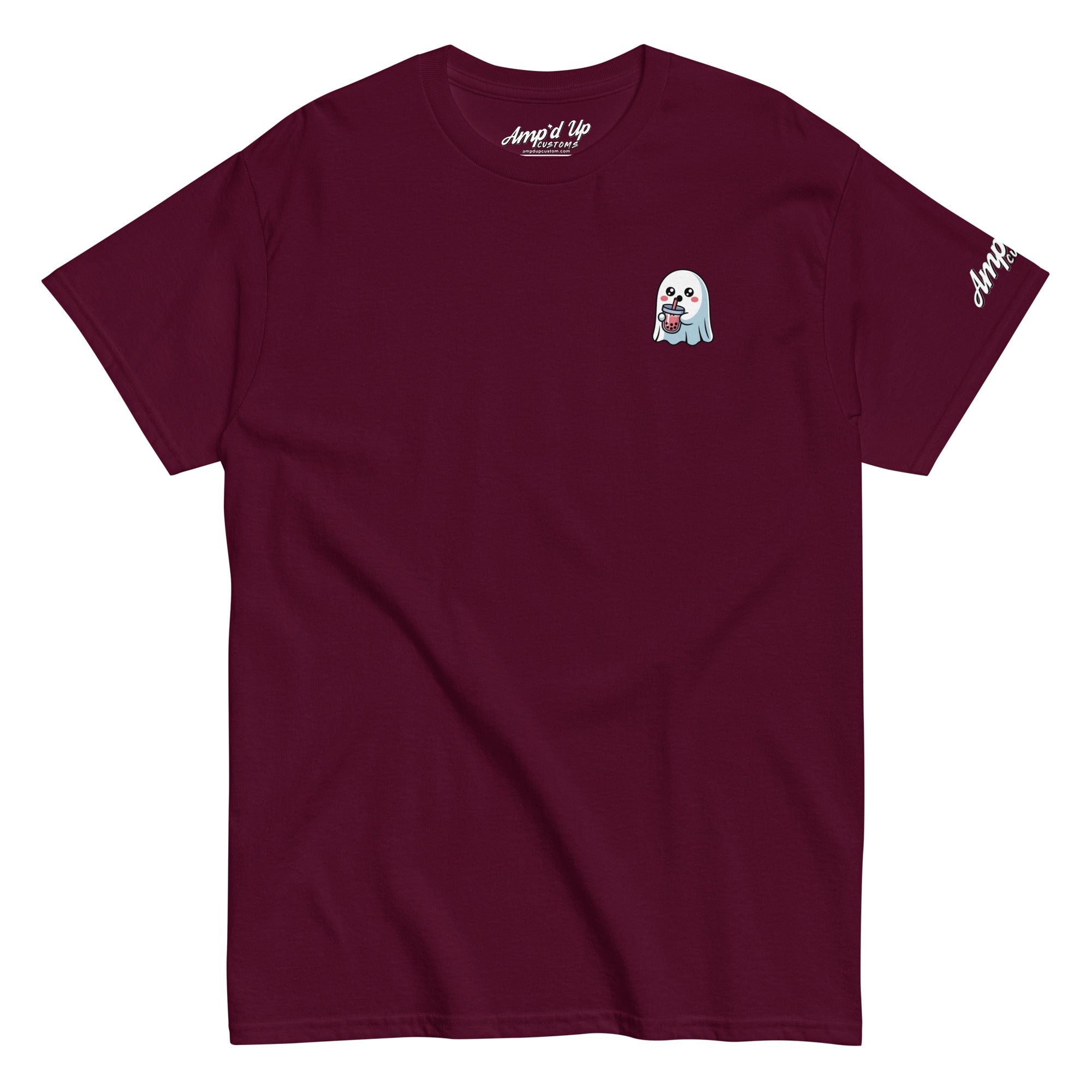 Amp'd Up Custom maroon Ghost with Boba T-Shirt featuring a small ghost holding a boba drink on the chest