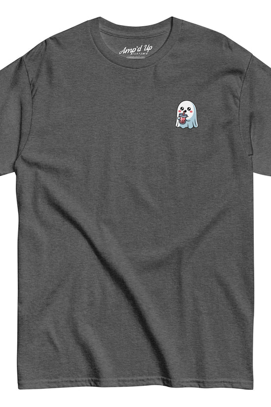 Amp'd Up Custom gray Ghost with Boba T-Shirt featuring a small ghost holding a boba drink graphic