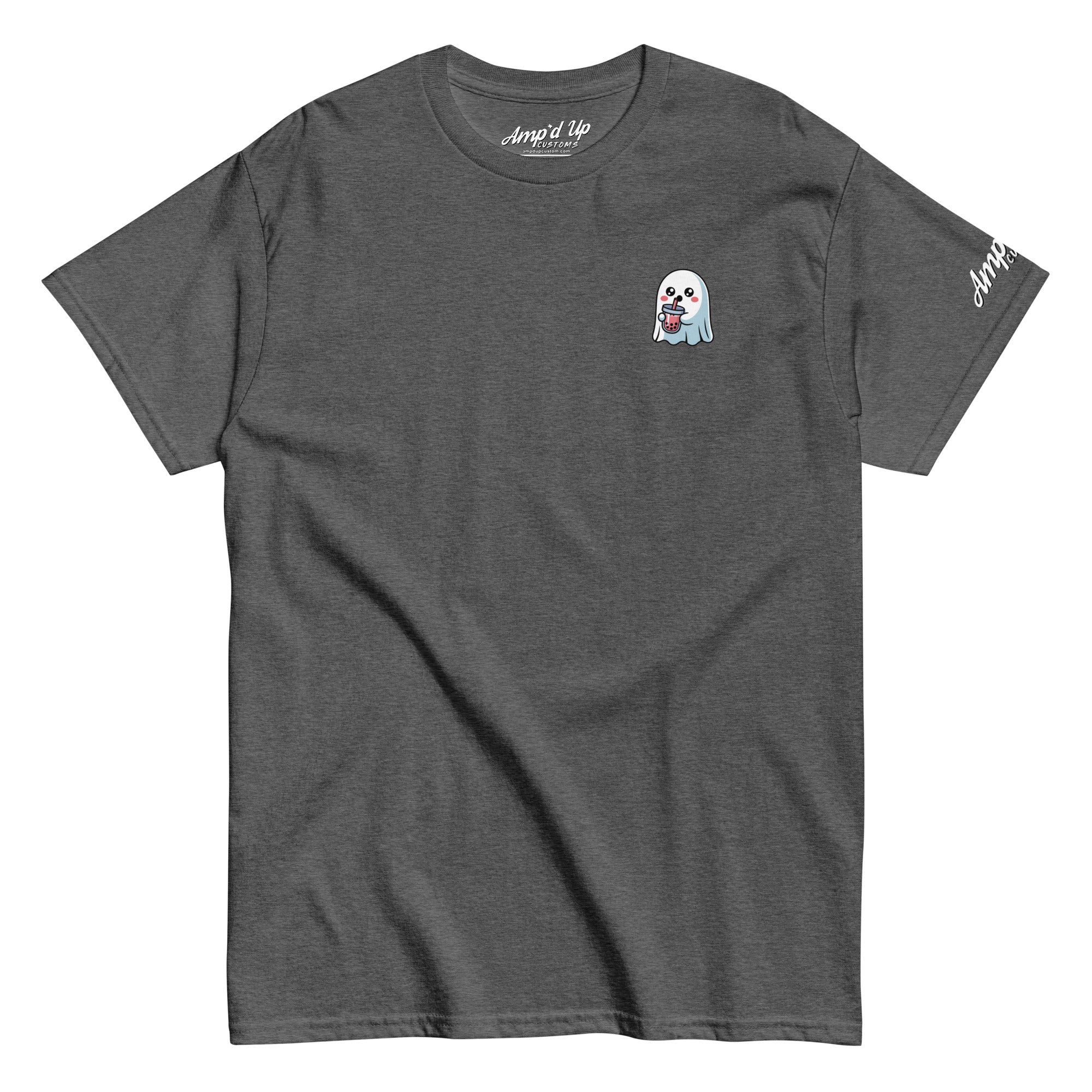 Amp'd Up Custom gray Ghost with Boba T-Shirt featuring a small ghost holding a boba drink graphic