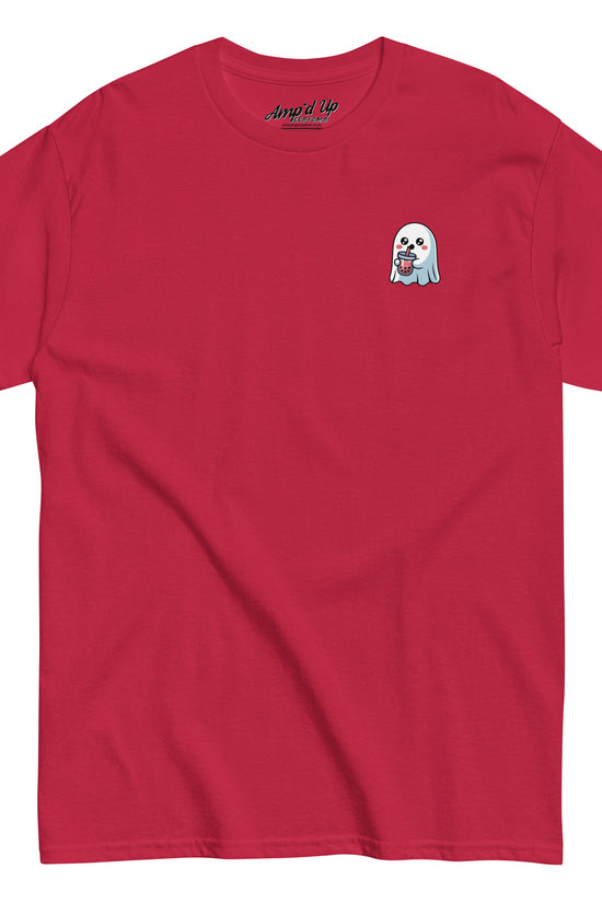 Amp'd Up Custom red Ghost with Boba T-Shirt featuring a small ghost holding boba drink graphic