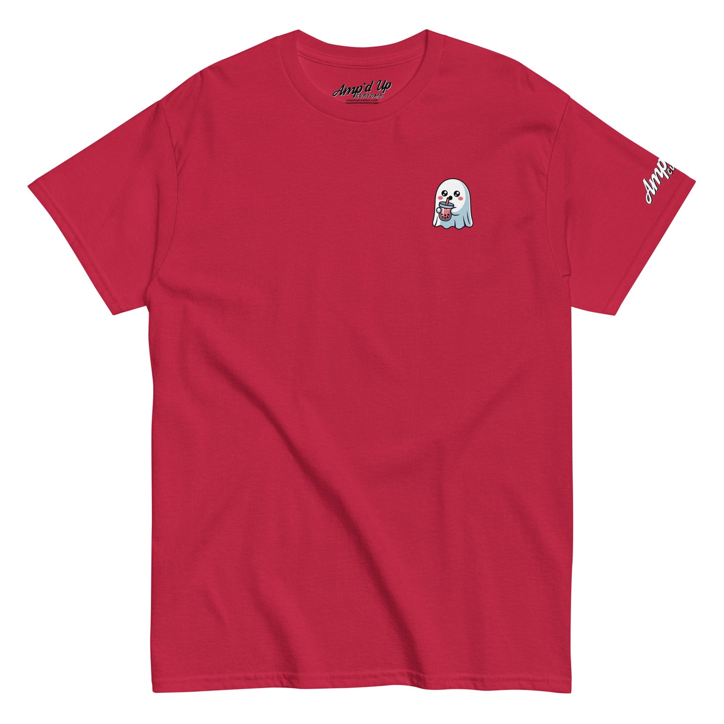 Amp'd Up Custom red Ghost with Boba T-Shirt featuring a small ghost holding boba drink graphic