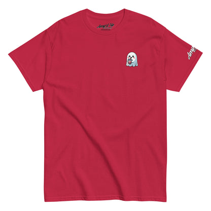 Amp'd Up Custom red Ghost with Boba T-Shirt featuring a small ghost holding boba drink graphic