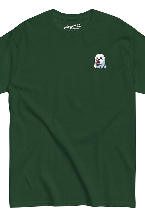 Amp'd Up Custom dark green Ghost with Boba T-Shirt featuring a small ghost holding a boba tea graphic