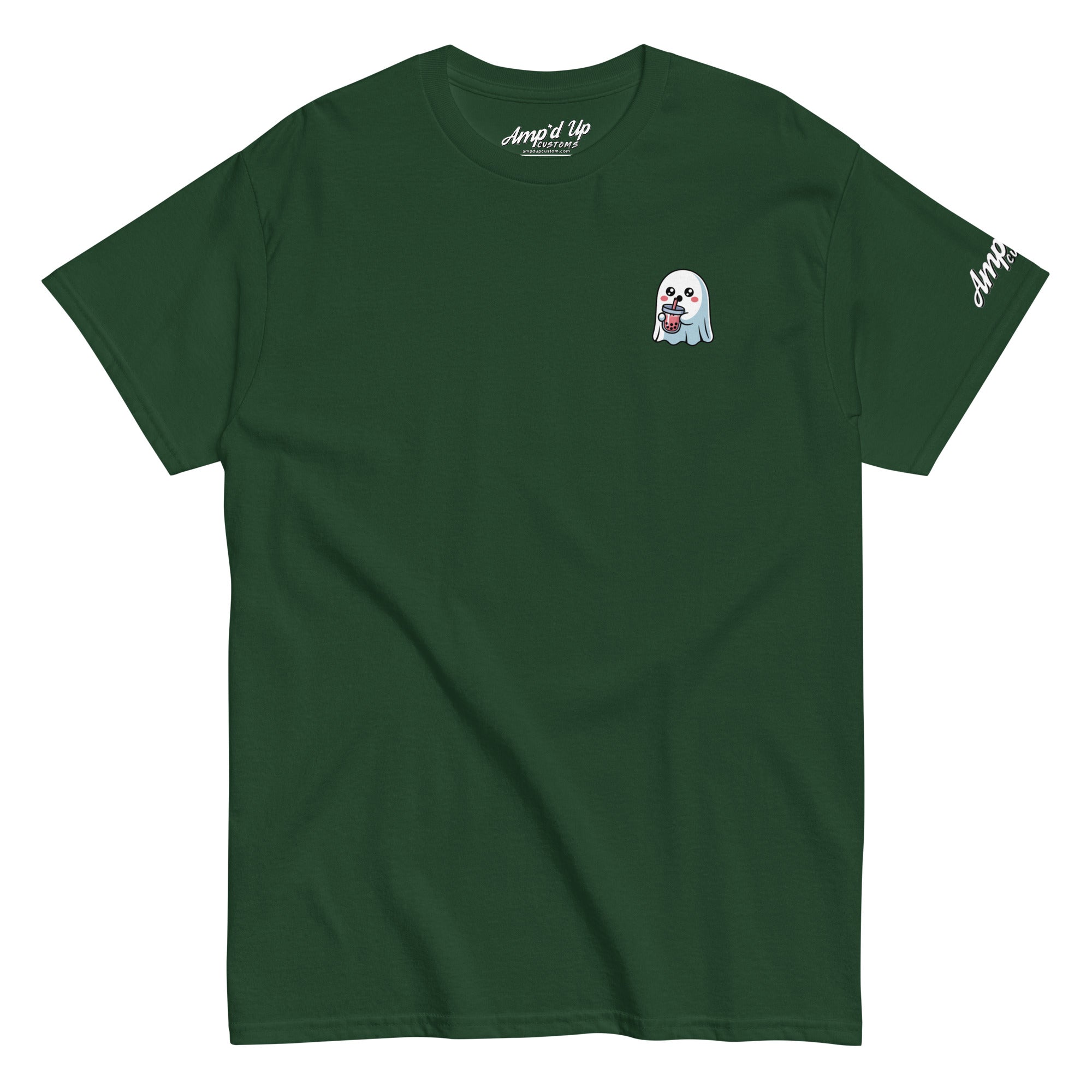 Amp'd Up Custom dark green Ghost with Boba T-Shirt featuring a small ghost holding a boba tea graphic