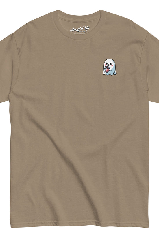 Amp'd Up Custom Ghost with Boba T-Shirt in brown featuring a small ghost holding boba tea graphic