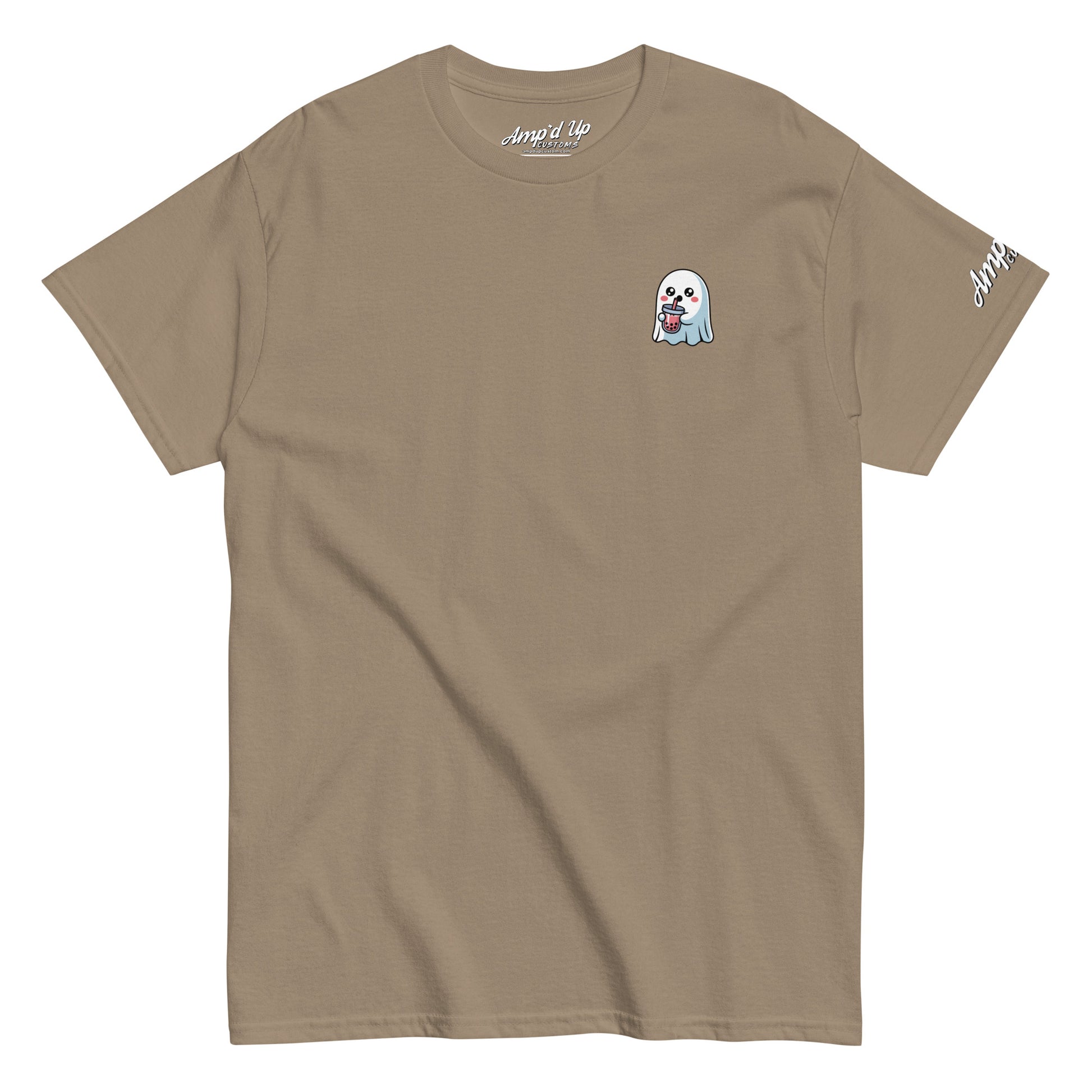 Amp'd Up Custom Ghost with Boba T-Shirt in brown featuring a small ghost holding boba tea graphic