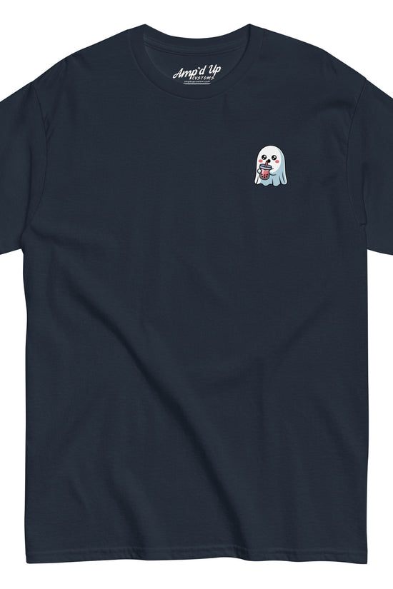 Amp'd Up Custom black Ghost with Boba T-Shirt featuring a small ghost holding boba on the chest