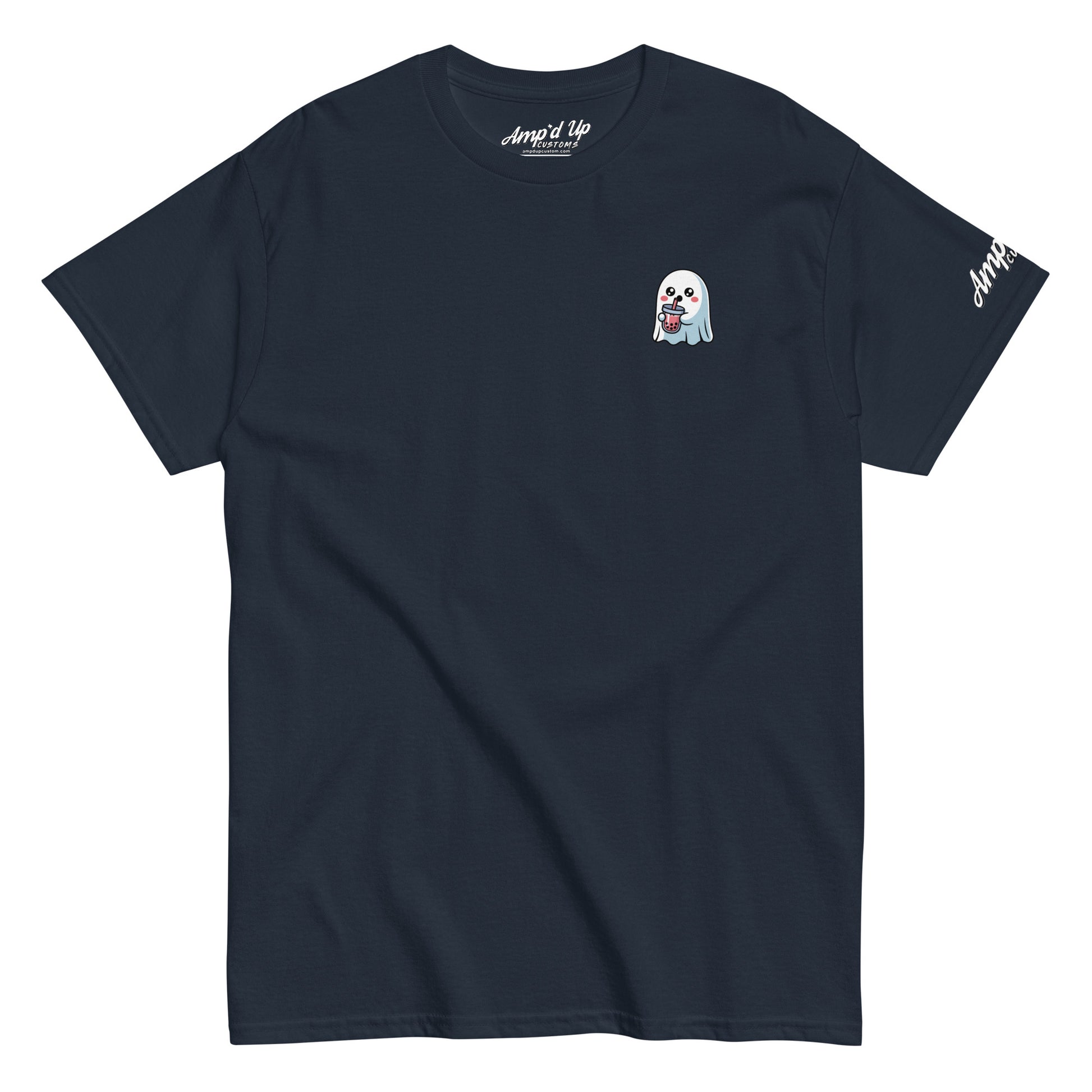 Amp'd Up Custom black Ghost with Boba T-Shirt featuring a small ghost holding boba on the chest
