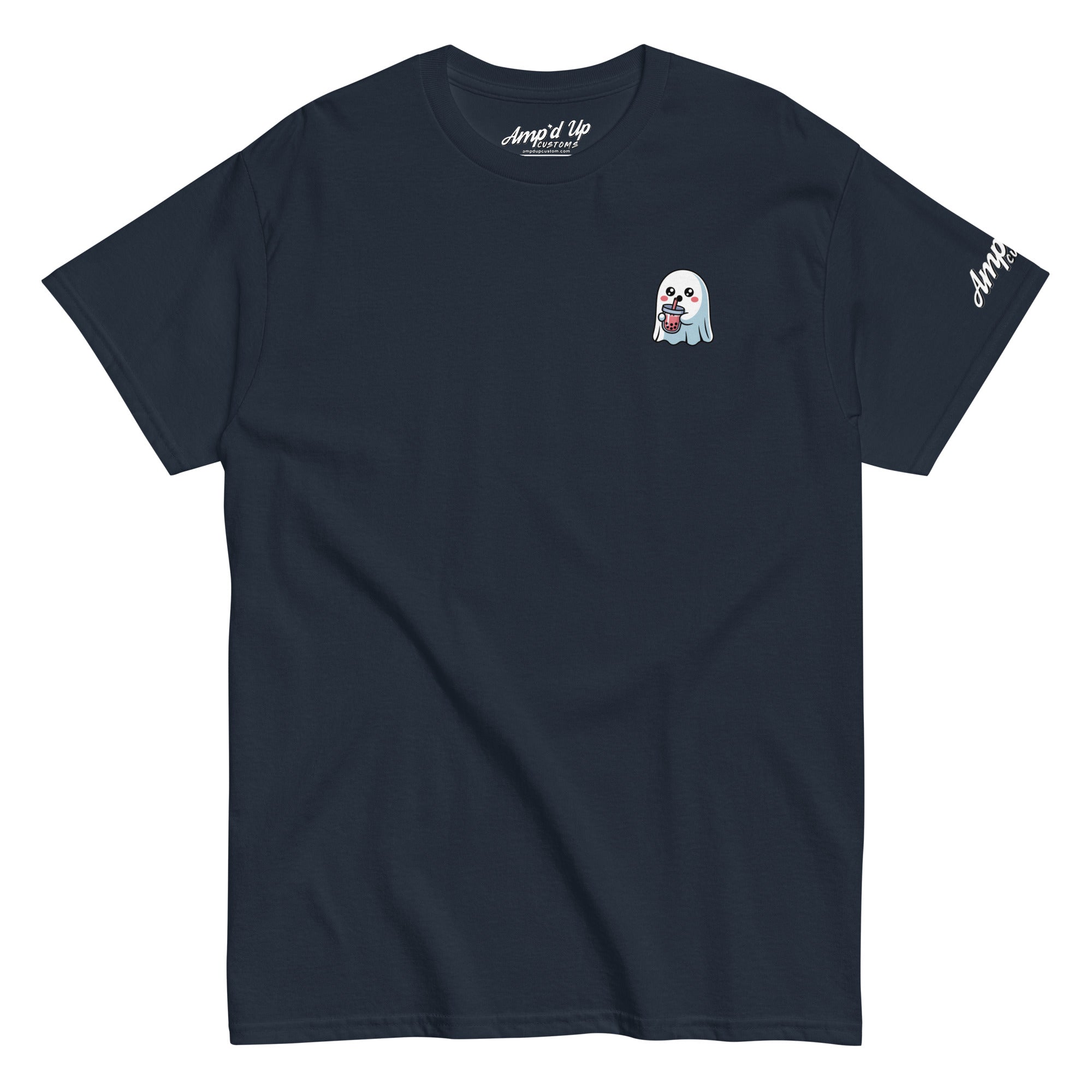 Amp'd Up Custom black Ghost with Boba T-Shirt featuring a small ghost holding boba on the chest