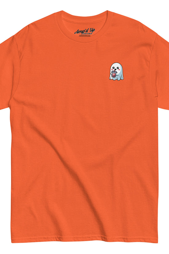 Orange Amp'd Up Custom Ghost with Boba T-Shirt featuring a small ghost holding a boba drink on the chest