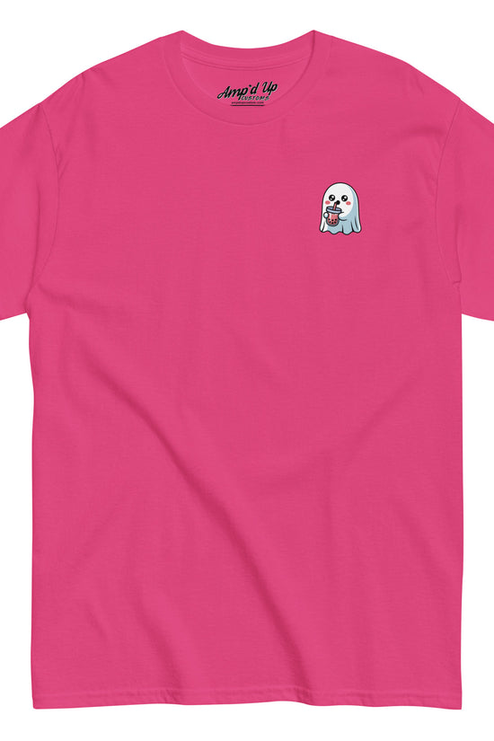Pink Ghost with Boba T-Shirt by Amp'd Up Custom featuring small ghost holding boba tea on chest