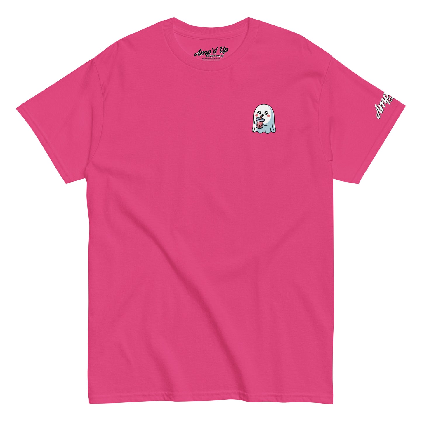 Pink Ghost with Boba T-Shirt by Amp'd Up Custom featuring small ghost holding boba tea on chest