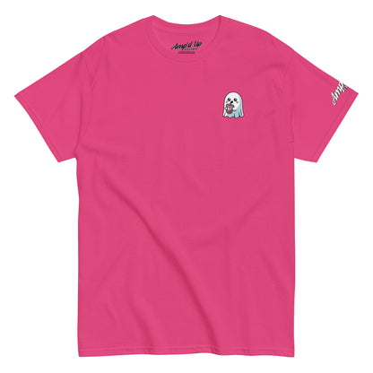 Pink Ghost with Boba T-Shirt by Amp'd Up Custom featuring small ghost holding boba tea on chest