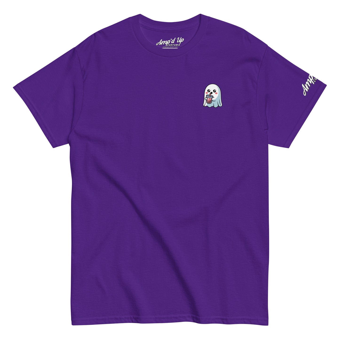 Purple Ghost with Boba T-Shirt by Amp'd Up Custom featuring small ghost holding boba drink on chest