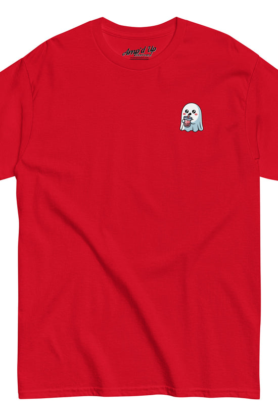 Red Ghost with Boba T-Shirt by Amp'd Up Custom featuring a small ghost holding a boba drink