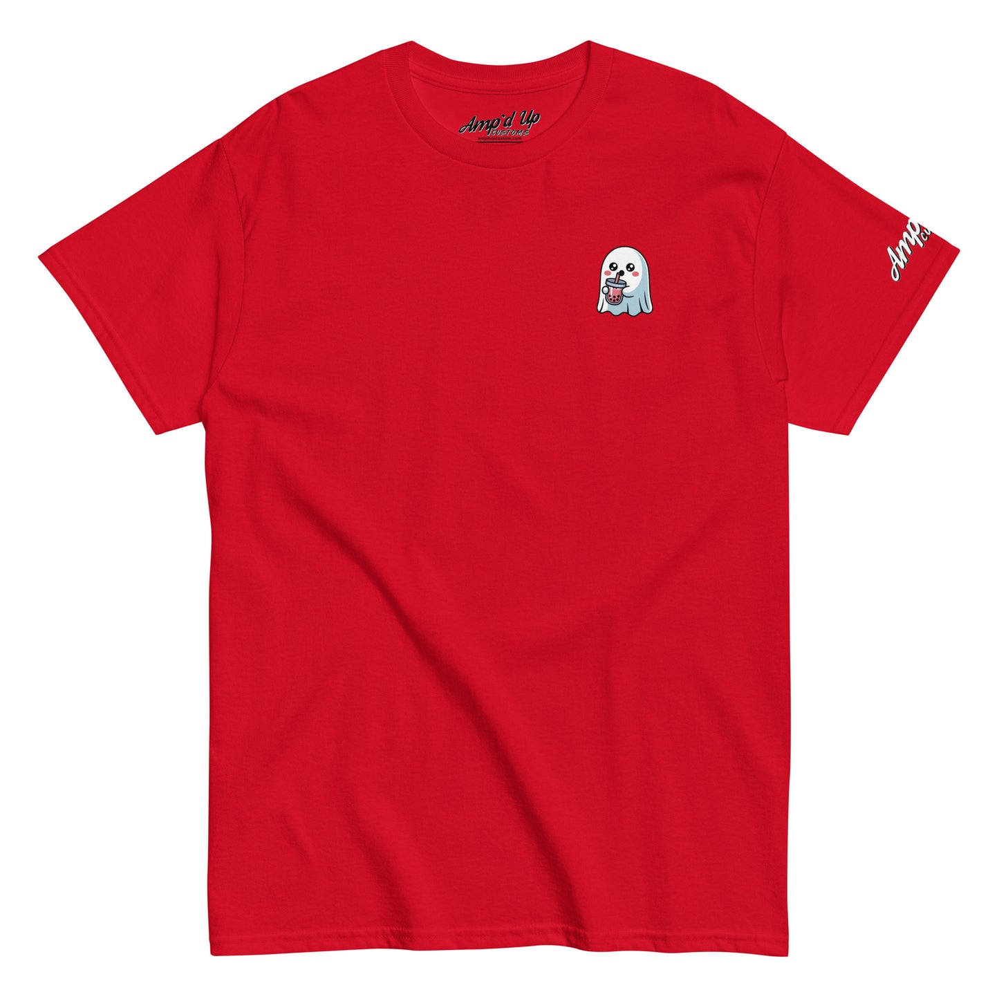 Red Ghost with Boba T-Shirt by Amp'd Up Custom featuring a small ghost holding a boba drink