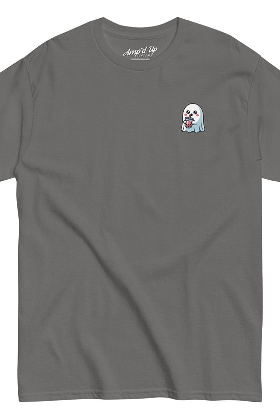 Gray Ghost with Boba T-Shirt from Amp'd Up Custom featuring a small ghost holding a boba drink on the chest