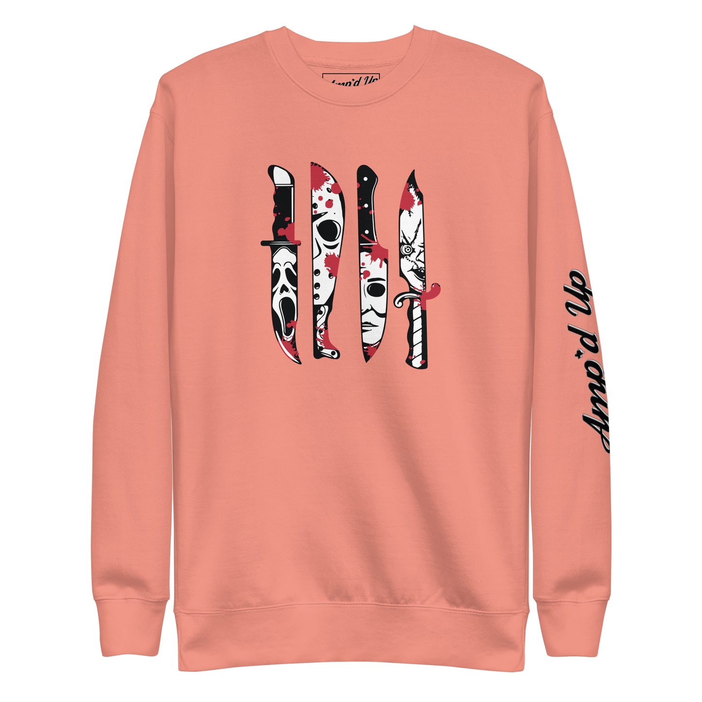 Amp'd Up Custom Horror Movie Classic Knives Sweatshirt in coral with graphic knife designs and logo on sleeve