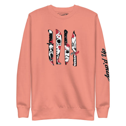 Amp'd Up Custom Horror Movie Classic Knives Sweatshirt in coral with graphic knife designs and logo on sleeve