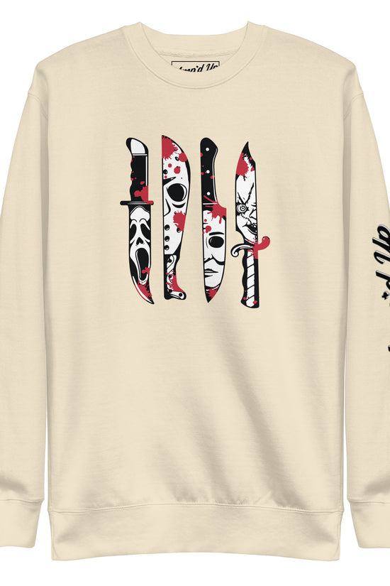 Amp'd Up Custom Horror Movie Classic Knives Sweatshirt with iconic horror knife designs on cream fabric