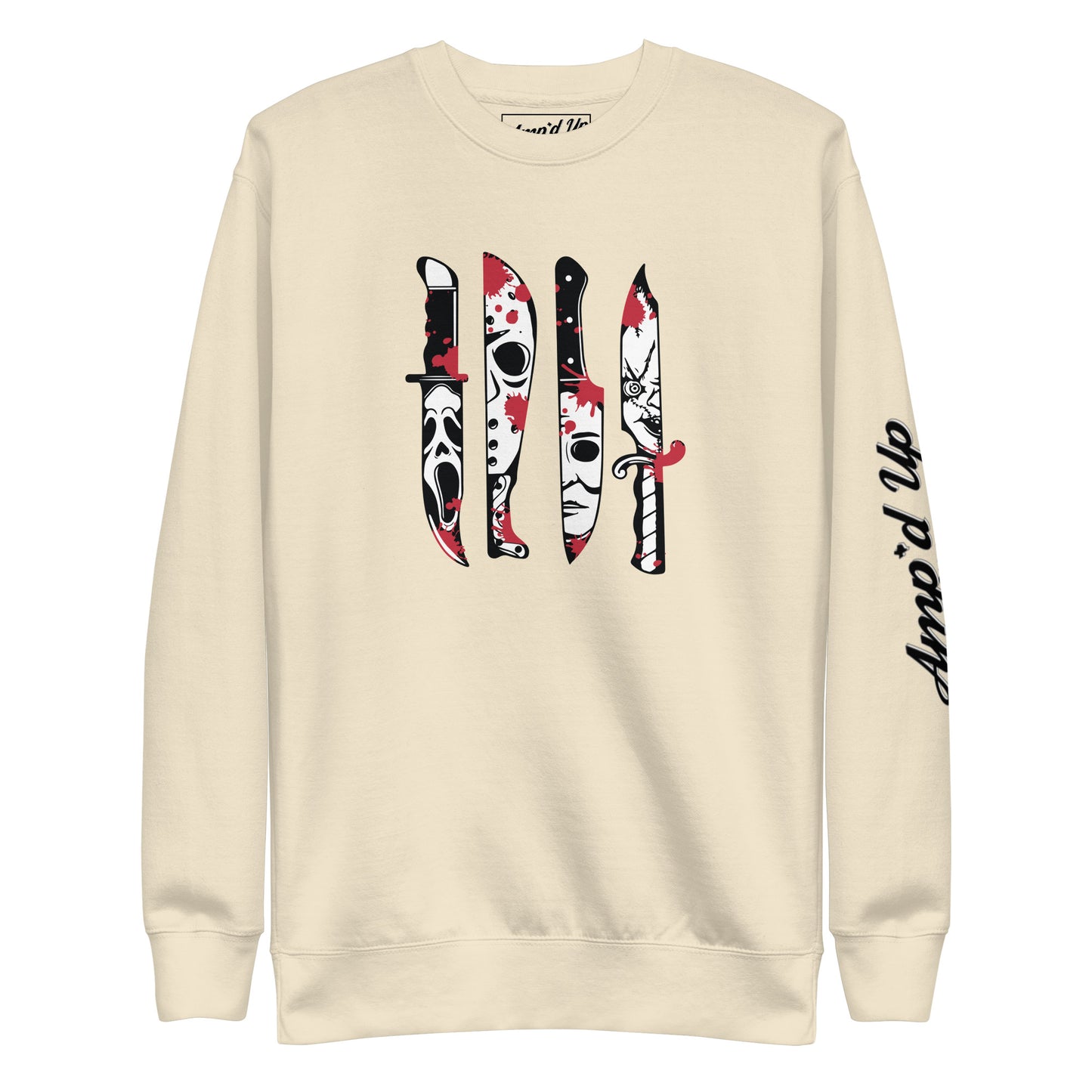 Amp'd Up Custom Horror Movie Classic Knives Sweatshirt with iconic horror knife designs on cream fabric