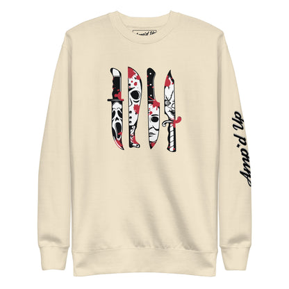 Amp'd Up Custom Horror Movie Classic Knives Sweatshirt with iconic horror knife designs on cream fabric