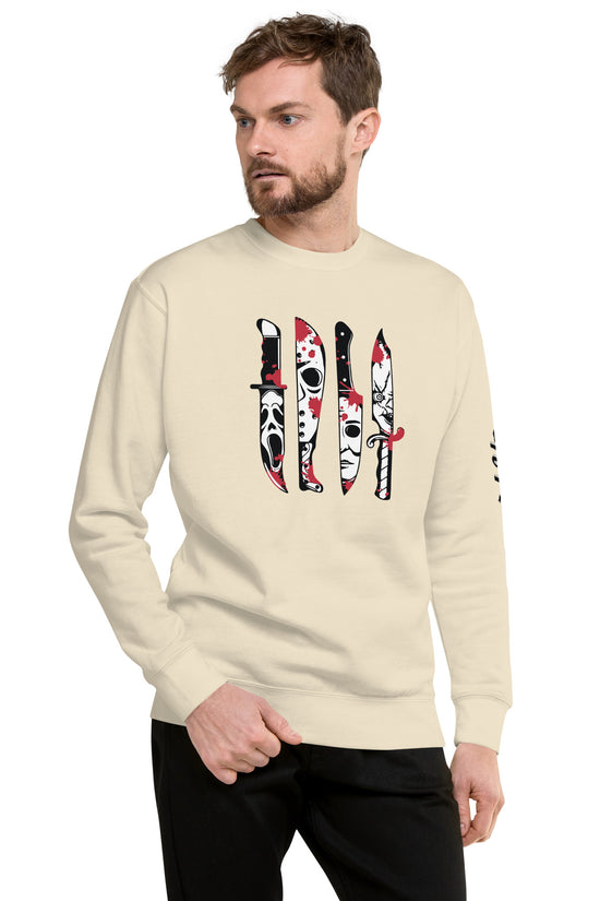 Amp'd Up Custom Horror Movie Classic Knives Sweatshirt featuring graphic knives on beige fabric