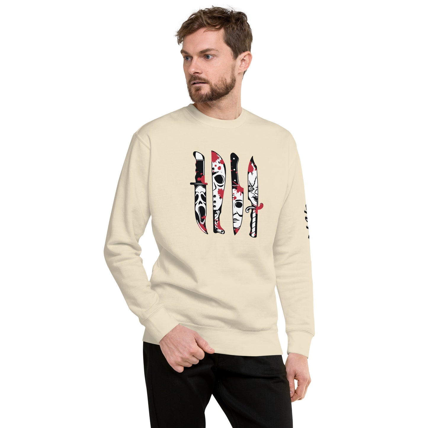 Amp'd Up Custom Horror Movie Classic Knives Sweatshirt featuring graphic knives on beige fabric
