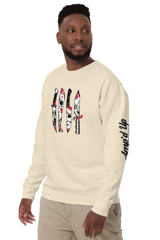 Horror Movie Classic Knives Sweatshirt by Amp'd Up Custom in cream with knife graphic and logo on sleeve