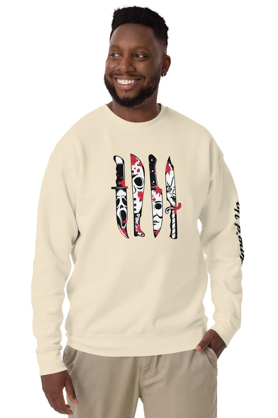 Horror Movie Classic Knives Sweatshirt by Amp'd Up Custom with graphic knife designs on front
